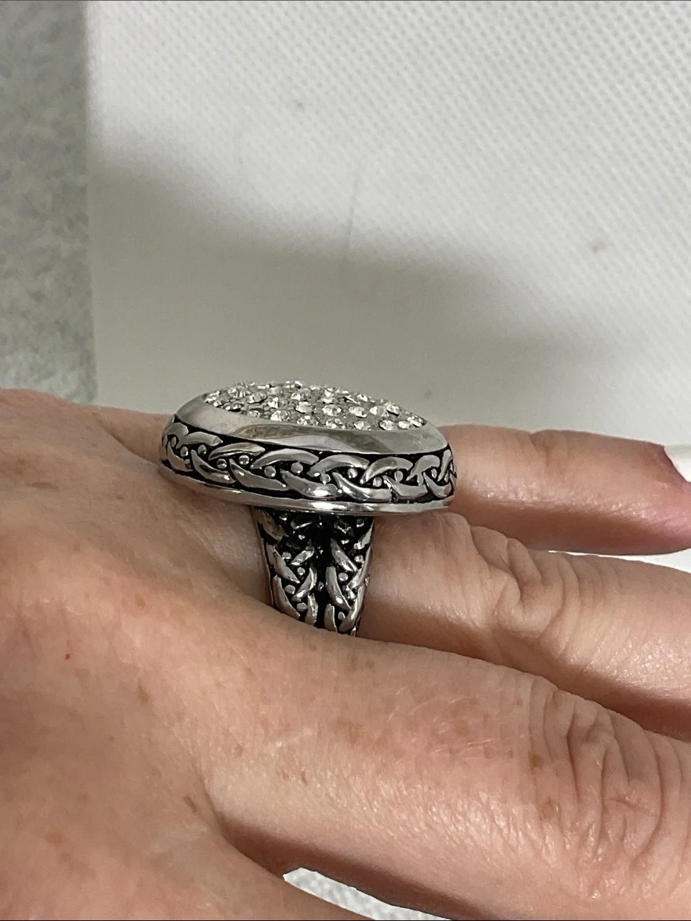 Stainless Steel Pave Crystal Disc Statement Ring Celtic Woven Band Size 8